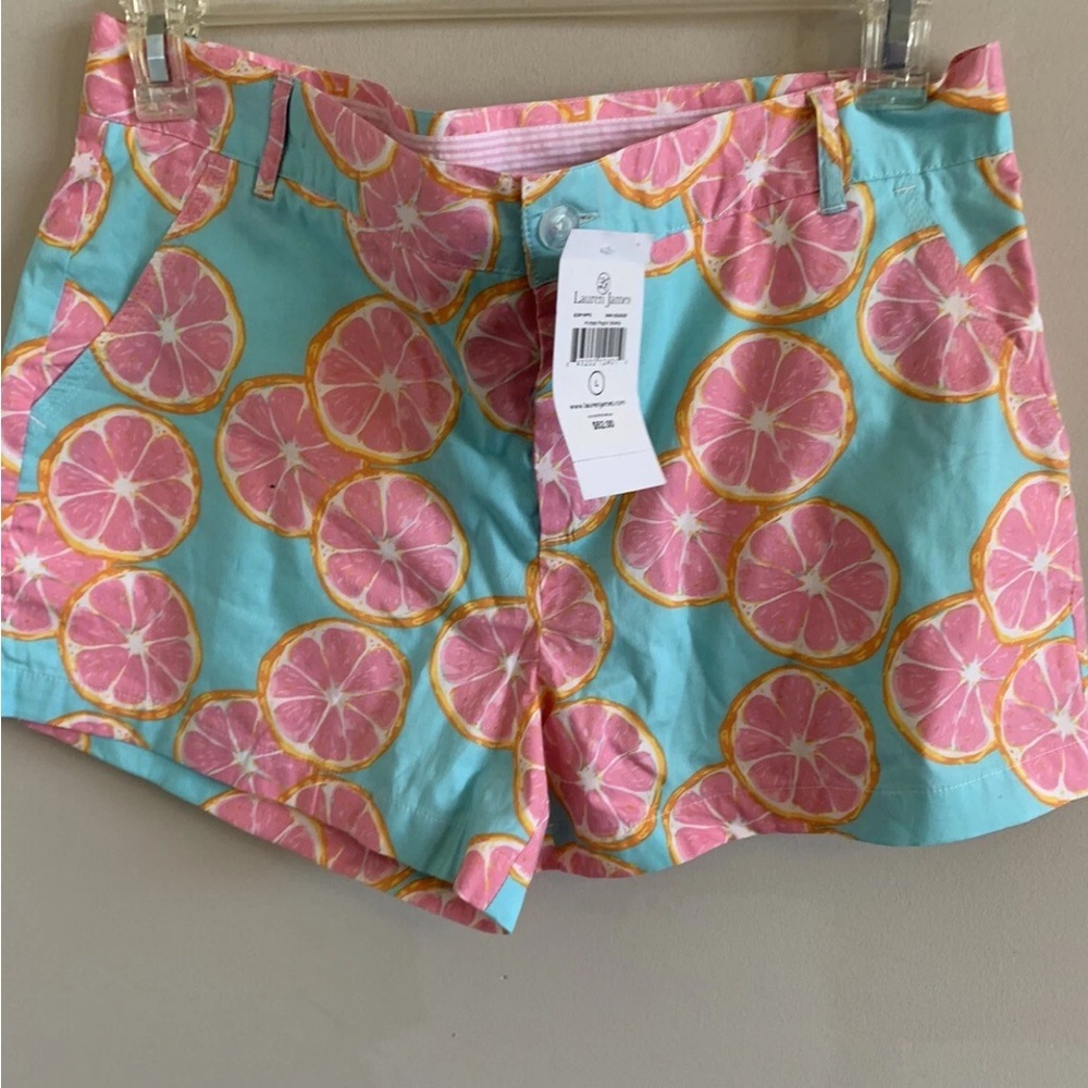 Lauren James Women's Pink and Blue Citrus Print Shorts large stretch cotton nwt